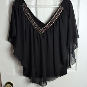 Moa Moa Black Beaded V-Neck Blouse